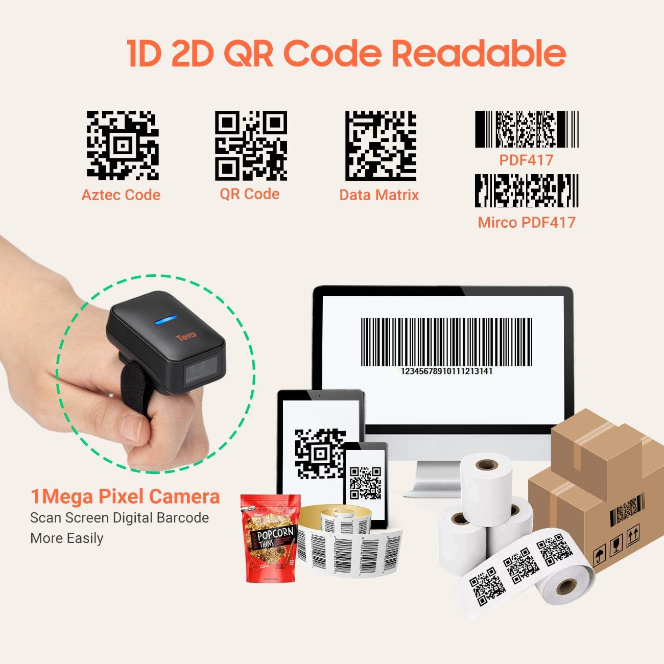 Tera HW0010 Barcode Scanner | QR 2D Ring Wireless Bar Code Reader