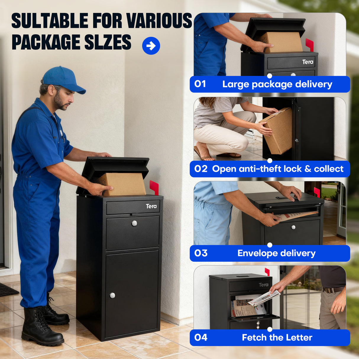 Person using a black package delivery locker with various use cases shown.