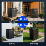 Tera 23-inch outdoor anti-theft package delivery box shown in porch, apartment, office, and curbside placement scenarios