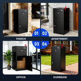 Black mailbox in various settings including porch, apartment, office, and curbside.
