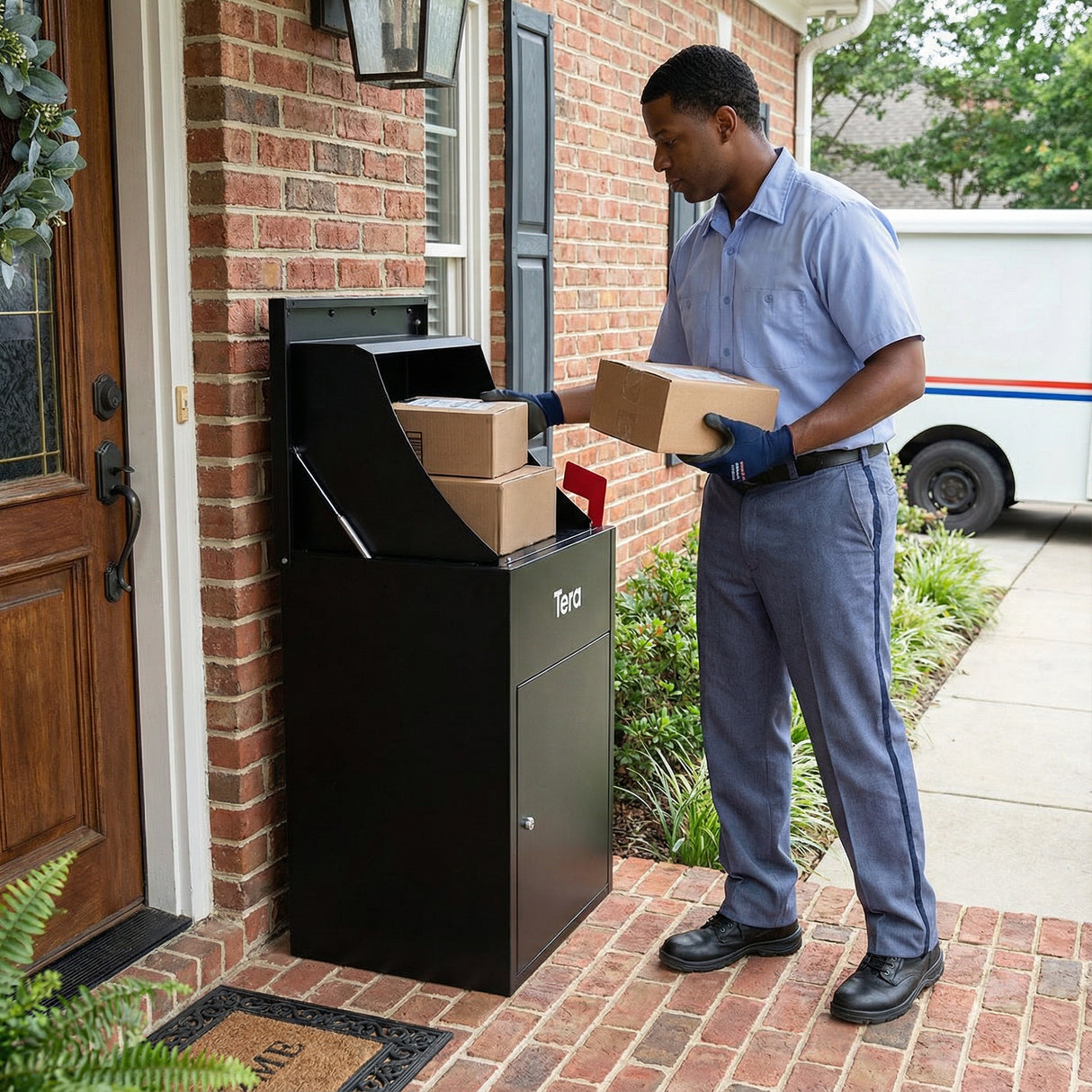 Courier placing packages into a 23-inch outdoor anti-theft package delivery box at a home entrance