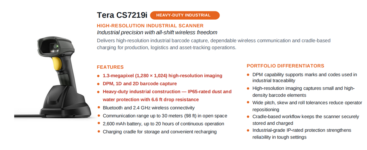 CS7219i High-Resolution Industrial Barcode Scanner with Cradle