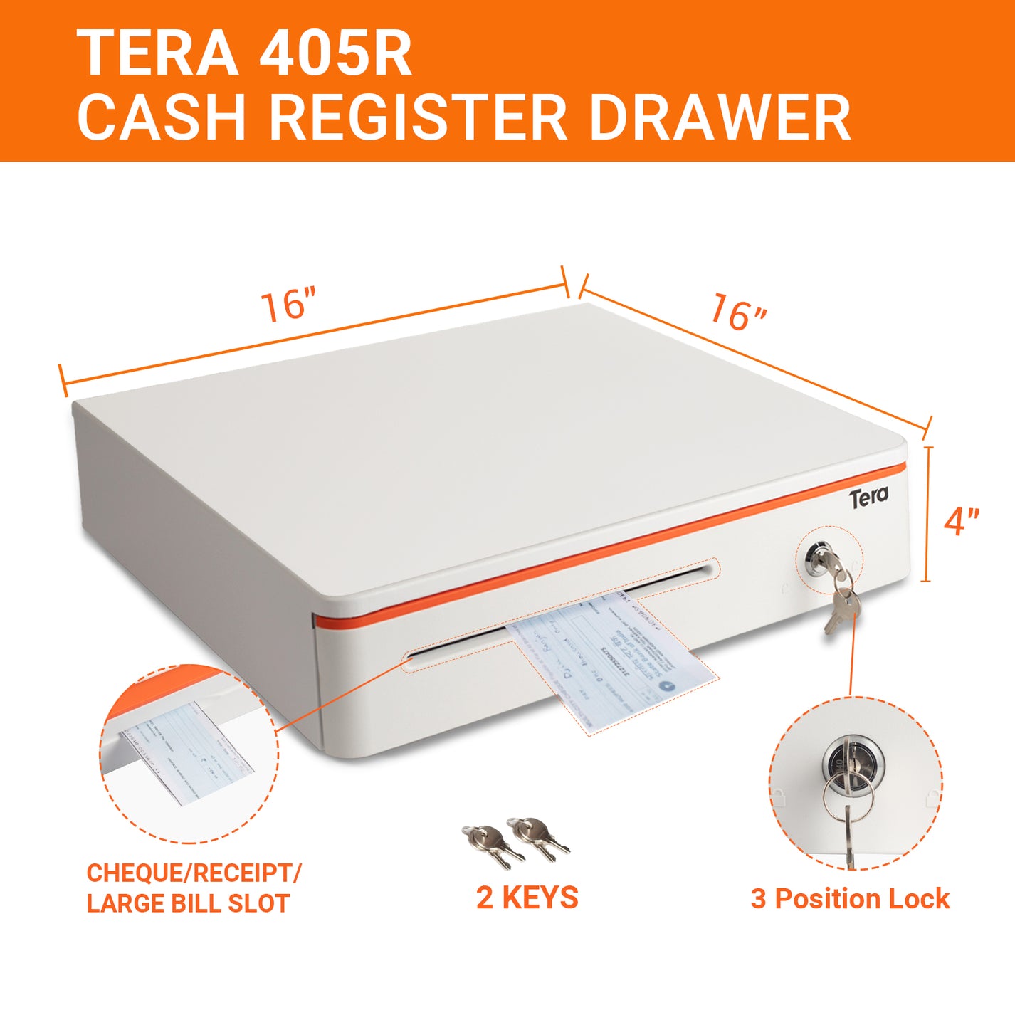 Tera 405R Cash Drawer 16 inch Cash Register Drawer Counter White